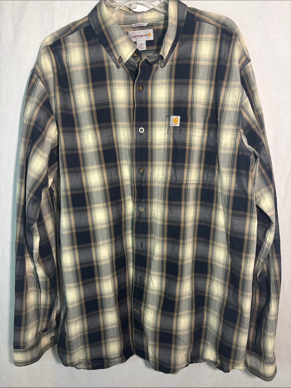 Carhartt Men's Plaid Button-Down Shirt in Navy and Cream